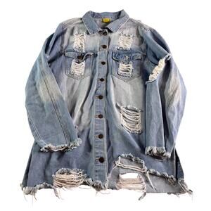 Daisy womens sz XL Distressed Light Wash Denim Long Jacket